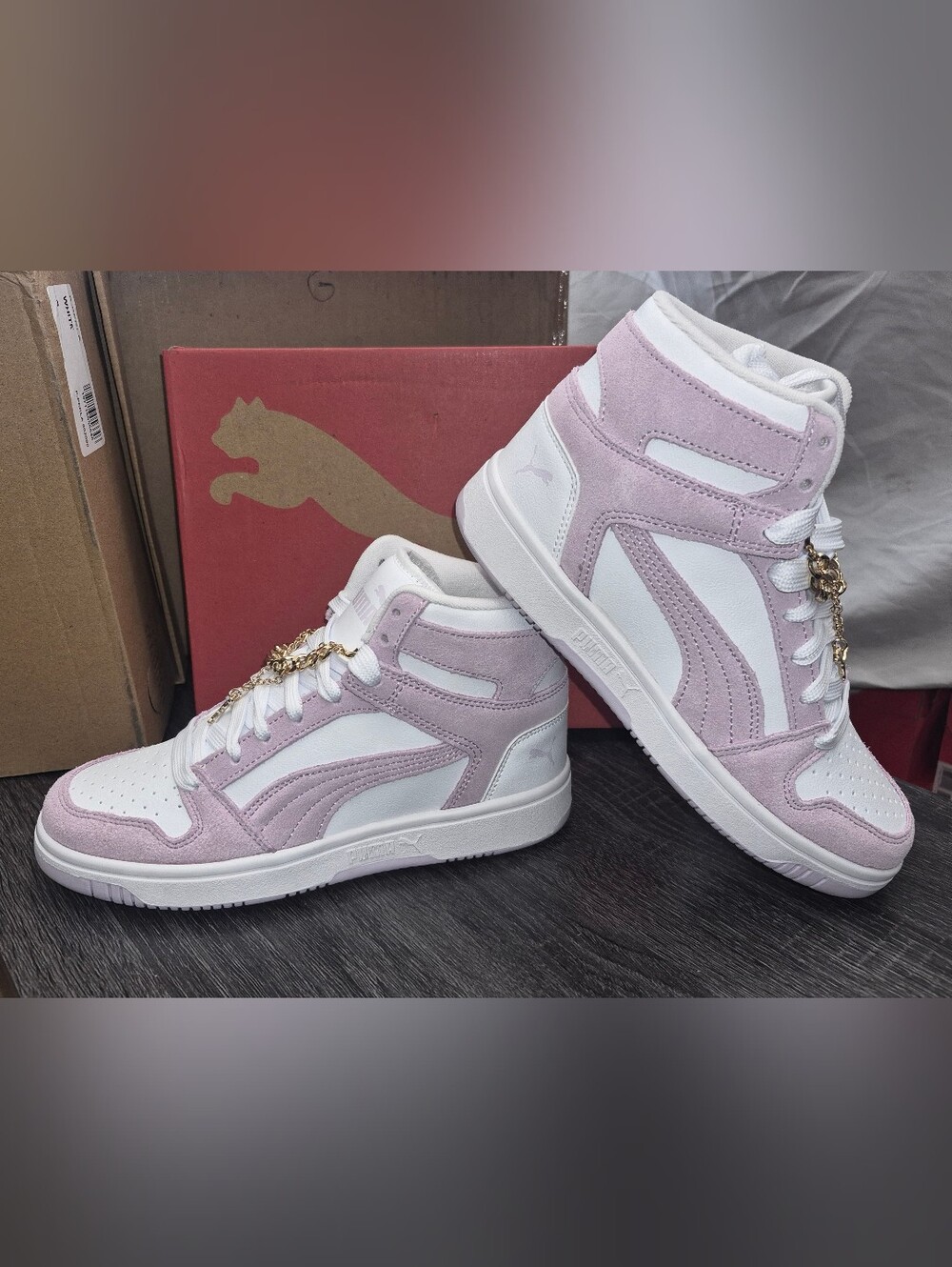 PUMA Women’s Mid-Top Suede & Leather Sneaker — White & Light Pink